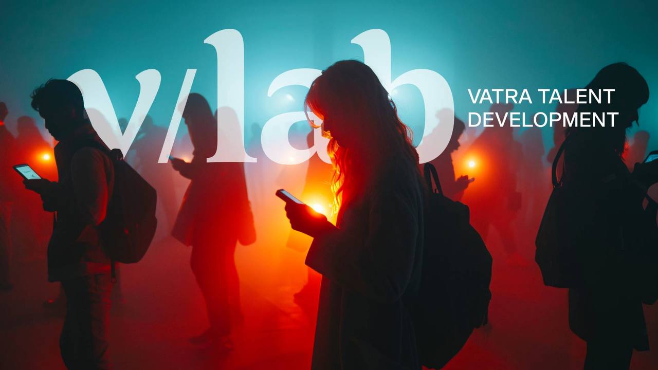 Vatra Yetenek Geliştirme v/lab logosu altında telefonlarına bakan insanların siluetleri